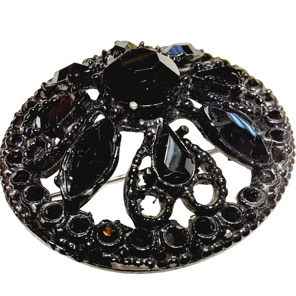 Vintage Domed Black Rhinestone Round Brooch Filigree Design Mourning Pin - Picture 3 of 7